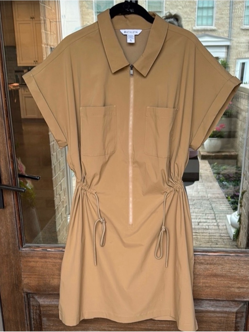 Athleta Camel Collared Zip-Front Drawstring Shirt Dress